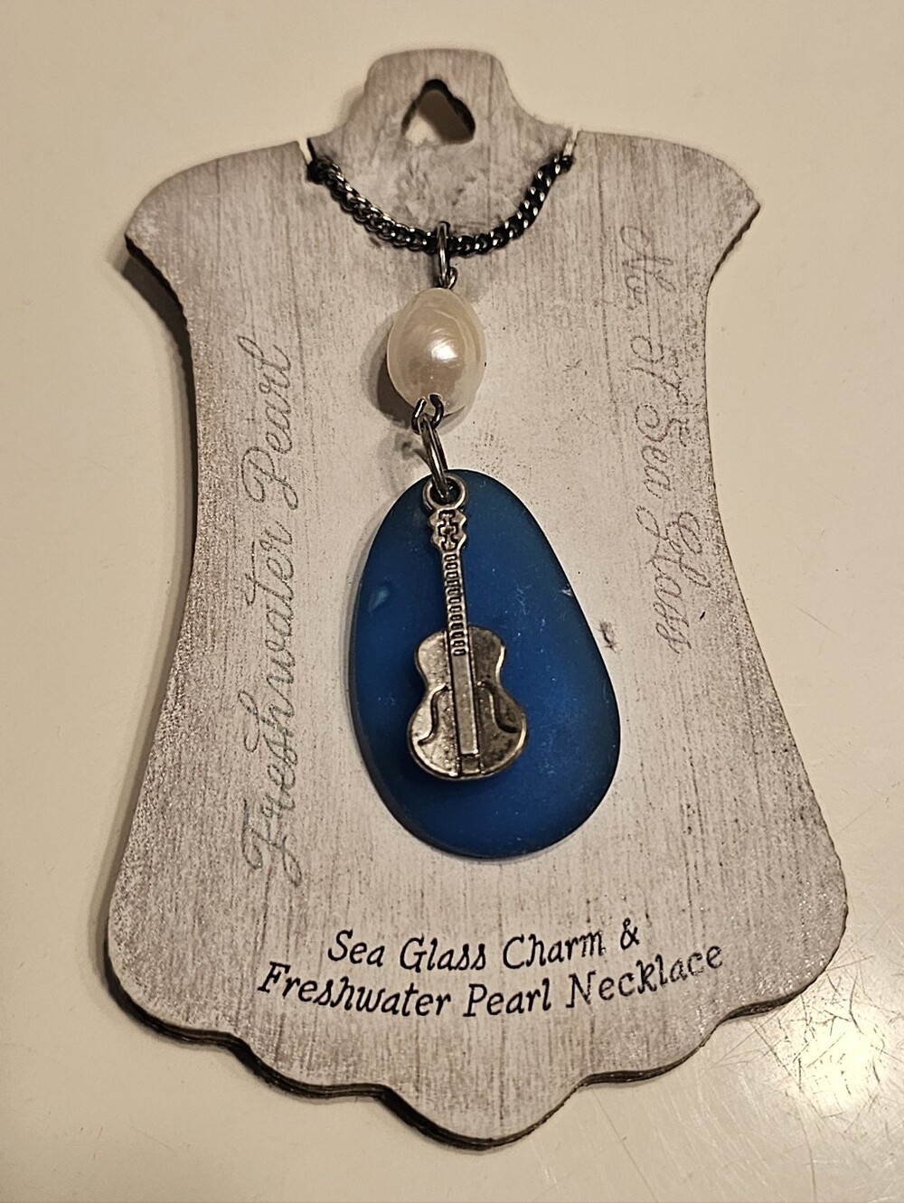 Sea Glass & Freshwater Pearl Necklace with Blue Guitar Charm